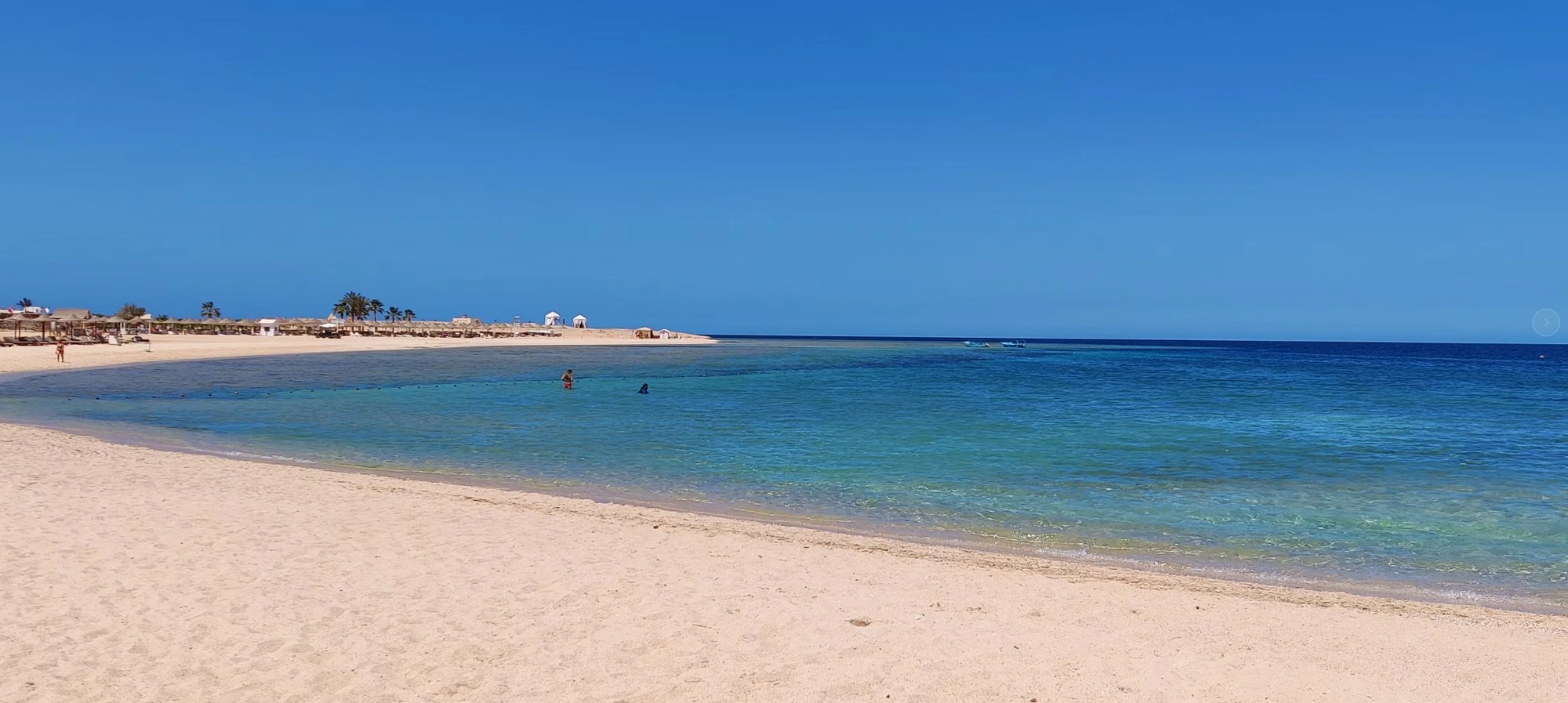 Kristallklare Bucht von Abu Dabbab mit Red-Sea-Flora-Info-Tafel