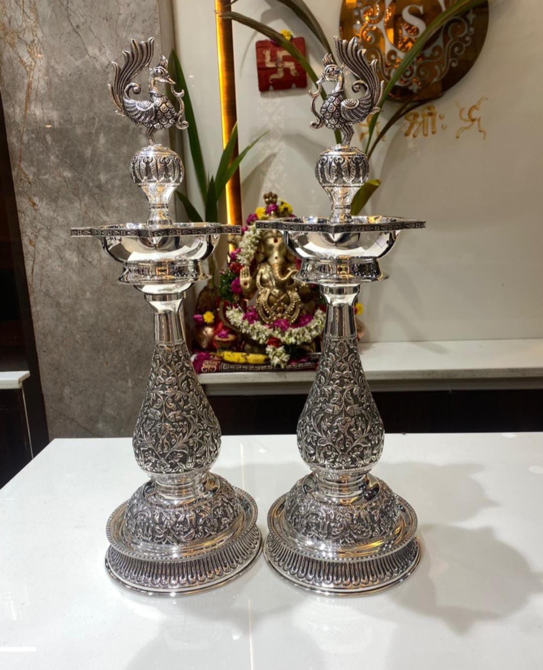Premium Antique German Silver Peacock Villaku / Deepam – Heavy Weight Pair — view 2