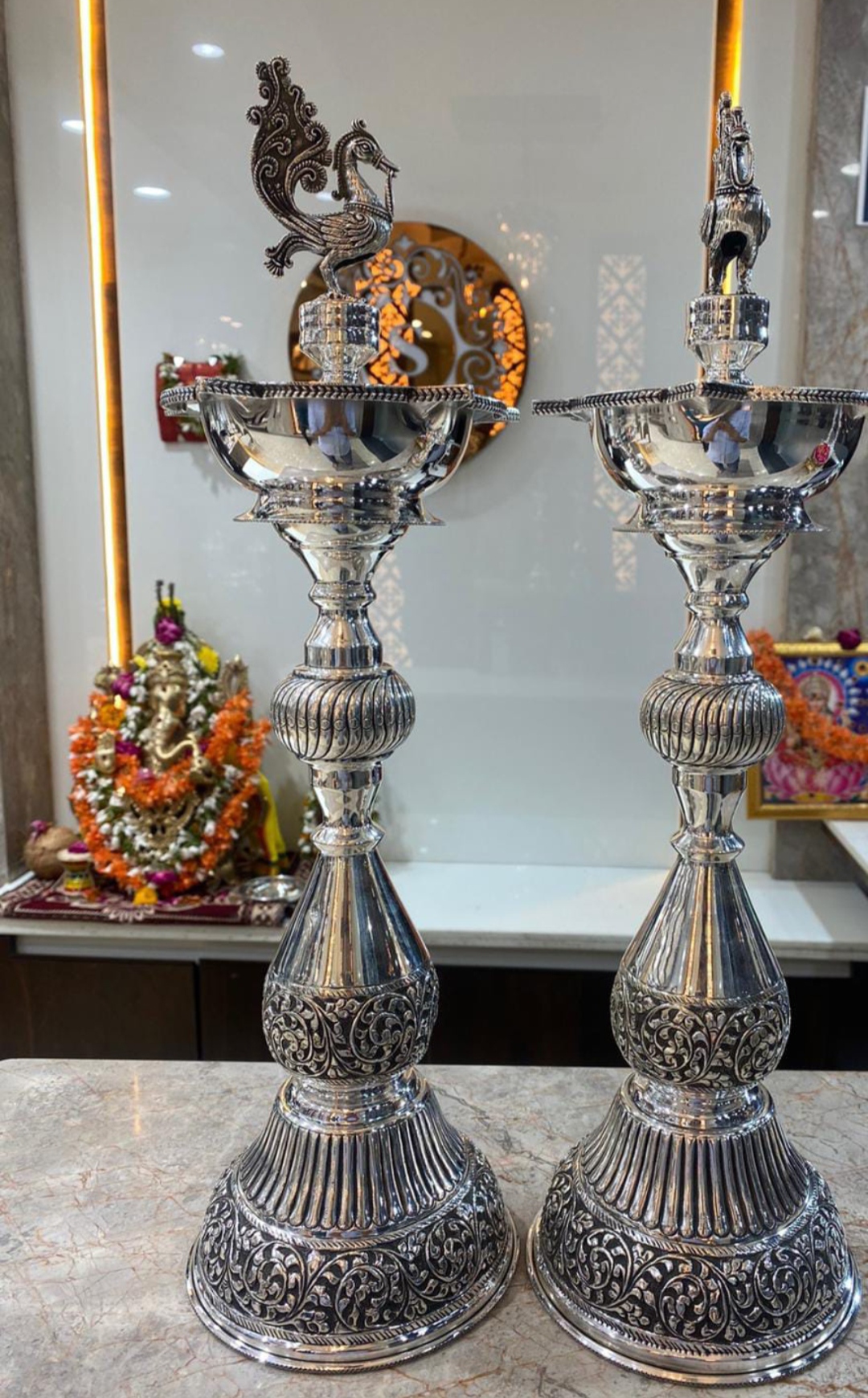 Premium Antique German Silver Peacock Villaku / Deepam – Heavy Weight Pair — view 4