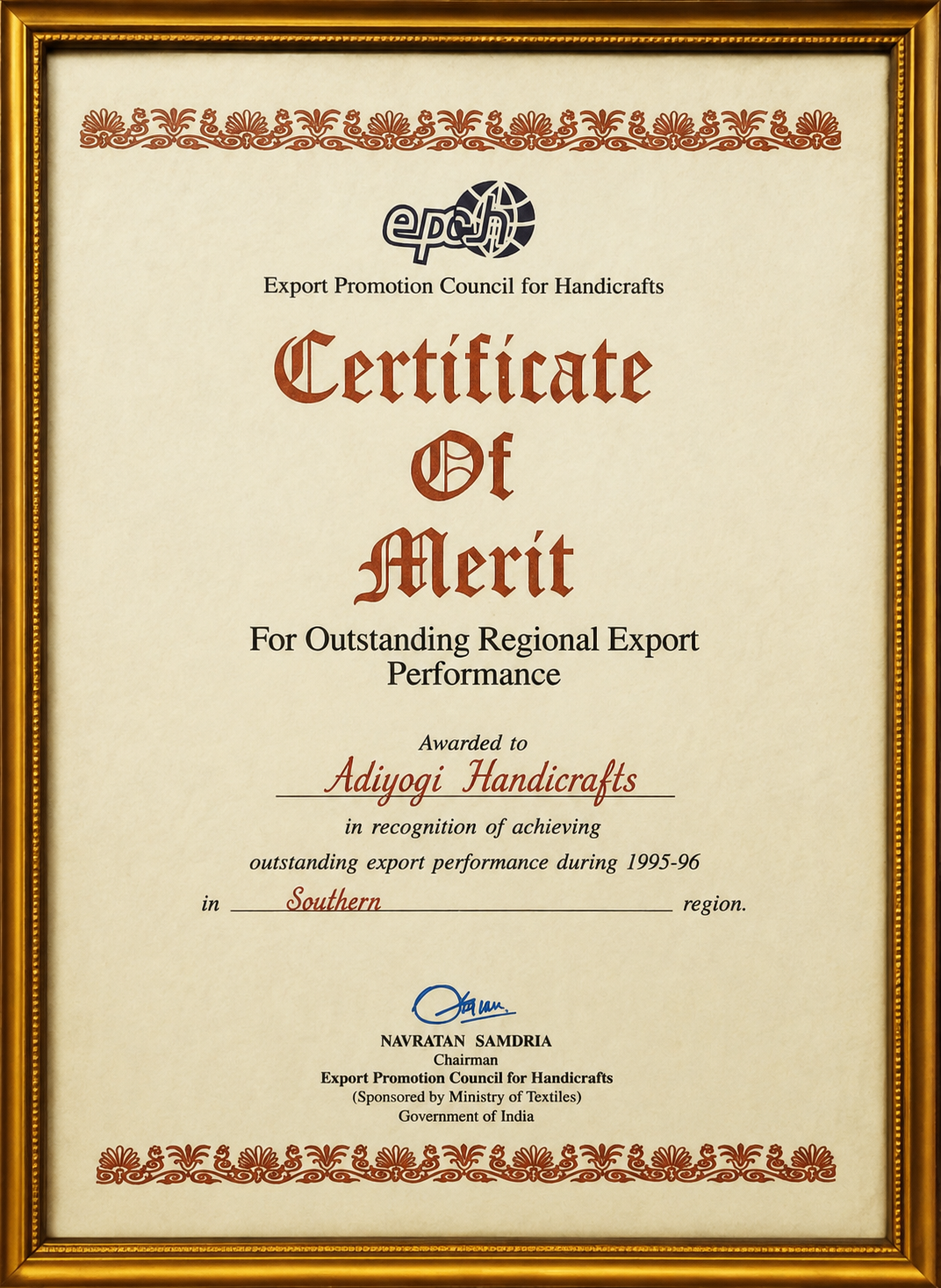 Certificate of Merit awarded to Adiyogi Handicrafts by Export Promotion Council for Handicrafts (EPCH), Ministry of Textiles, Government of India — Southern region, 1995-96