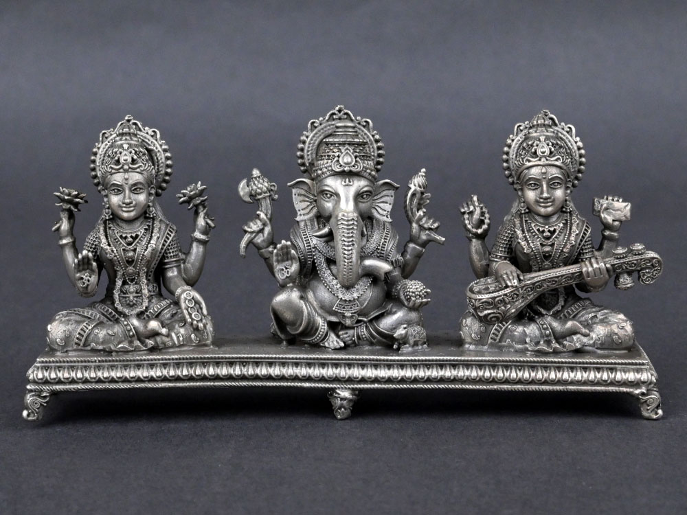 Ganesh Lakshmi Saraswati German Silver Idol Set