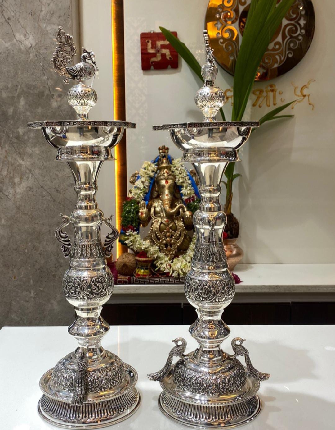 Premium Antique German Silver Peacock Villaku / Deepam – Heavy Weight Pair — view 3