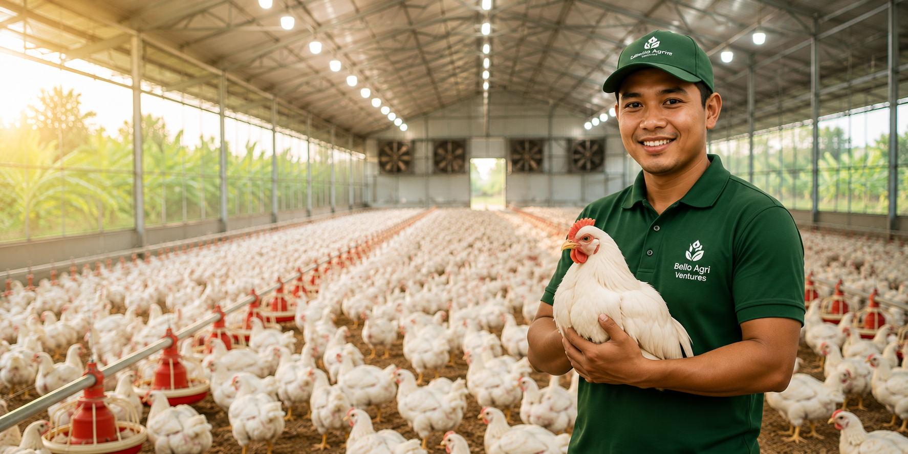 Bello Agri farm expert with healthy chicken
