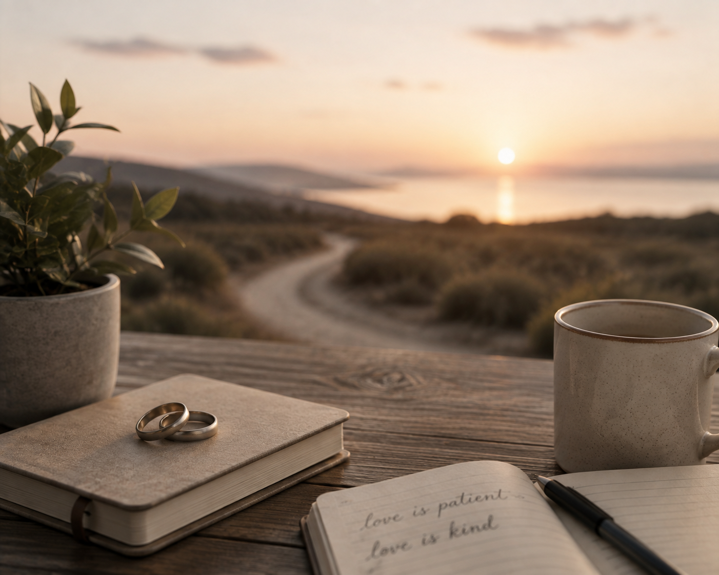 Wedding rings, a journal reading love is patient love is kind, and a winding road at sunset