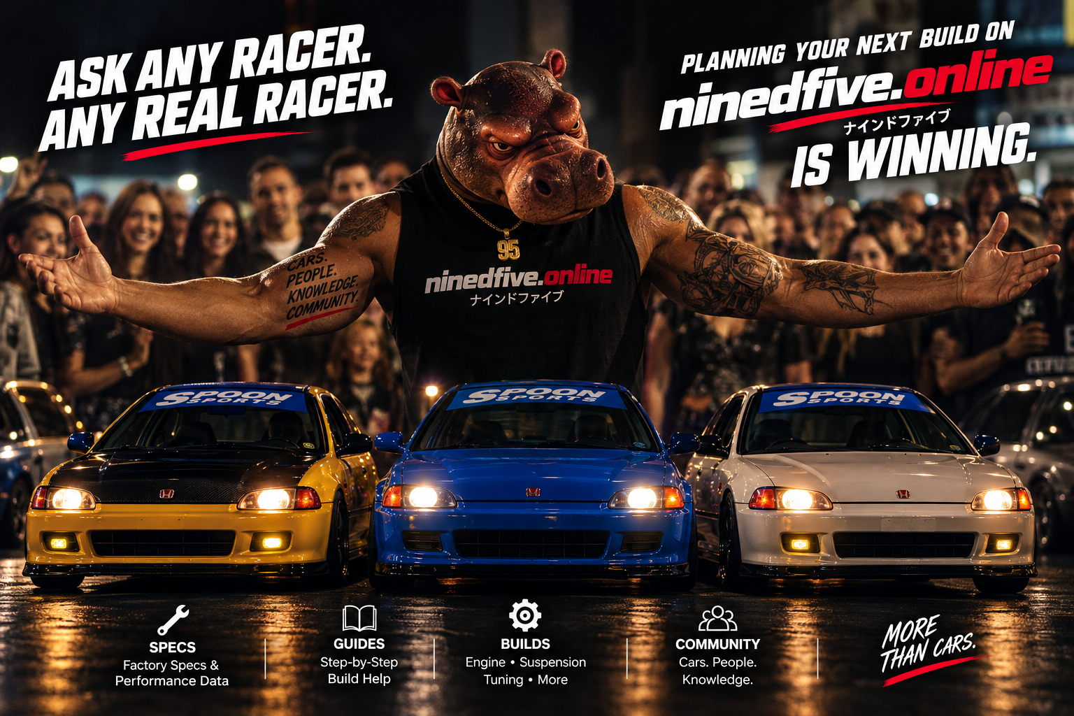 Hank's promo poster — a very buff hippo in a ninedfive.online tank top posing over three Spoon Sports Civics