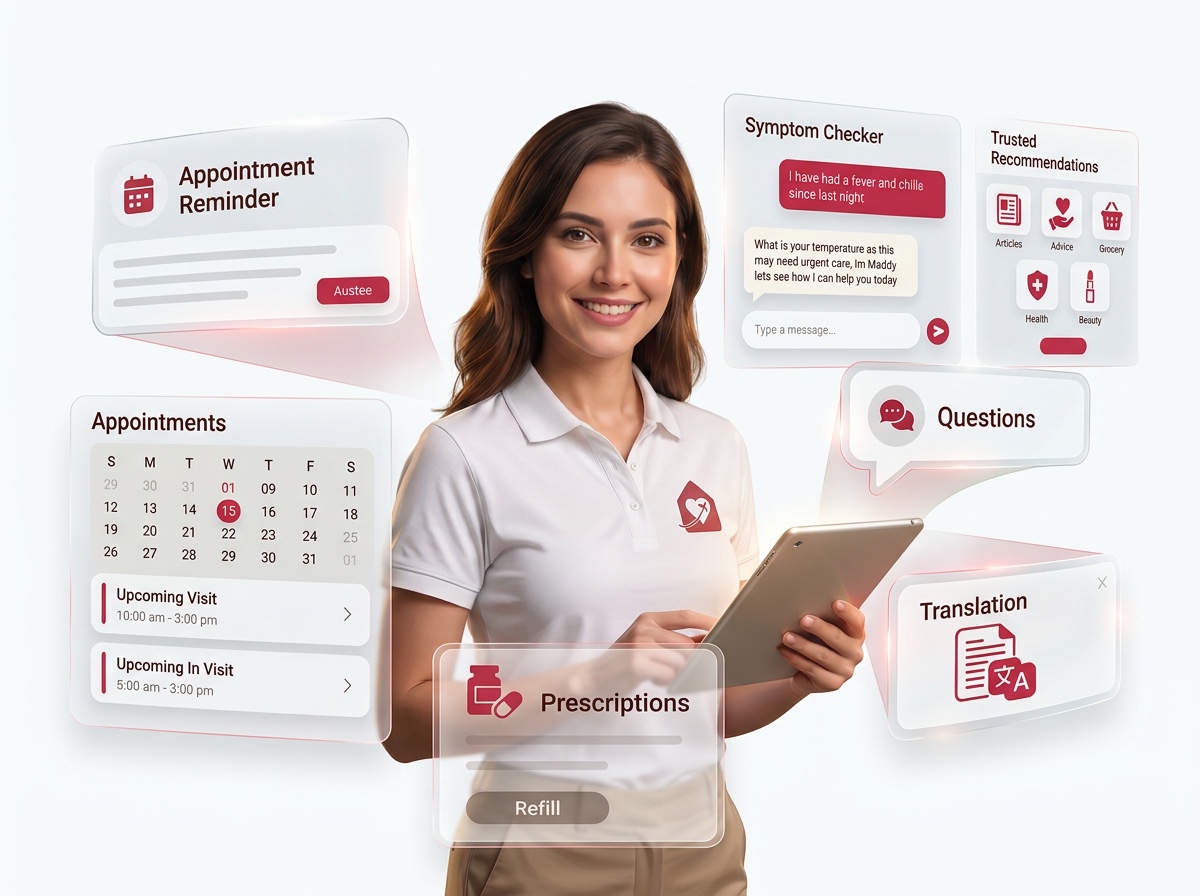 Maddy — the MedWorks AI personal assistant — shown with the family's Health Passport surface: appointments, symptom checker, prescriptions, translation, and trusted recommendations.