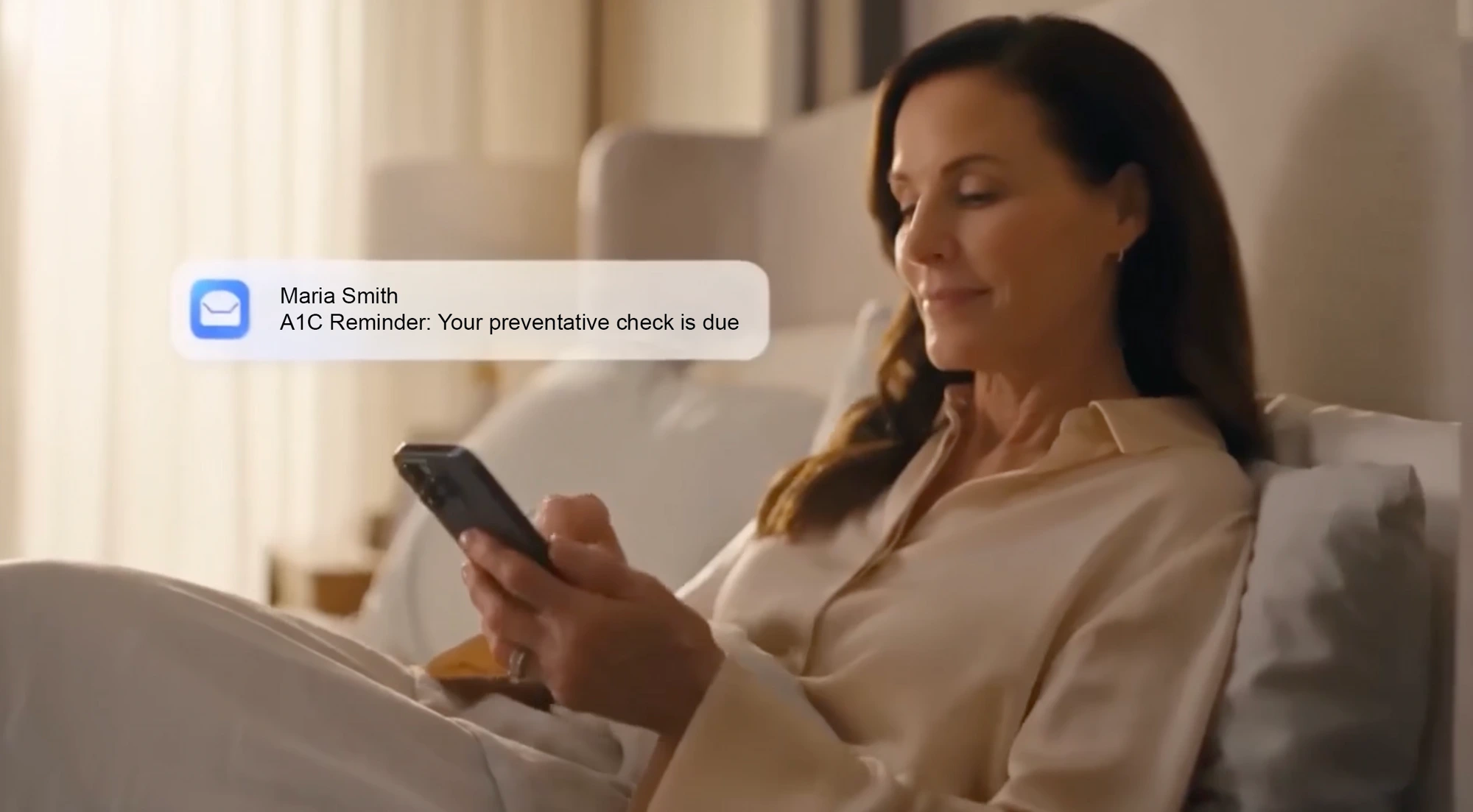 A member at home receives a preventative A1C reminder from MedWorks — the kind of proactive moment that turns into a store visit instead of a claim.