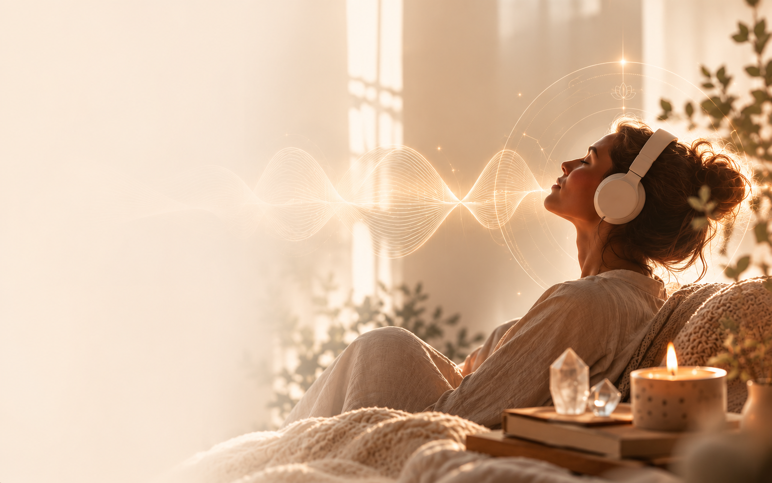 A person relaxing and listening to affirmation audio through headphones in warm golden light