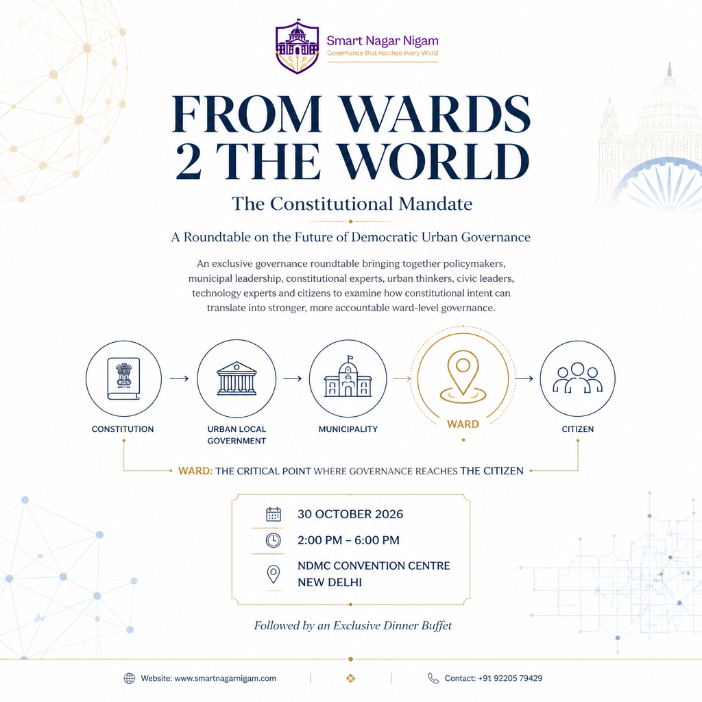 From Wards 2 the World — The Constitutional Mandate: A Roundtable on the Future of Democratic Urban Governance. 30 October 2026, 2 PM – 6 PM, NDMC Convention Centre, New Delhi
