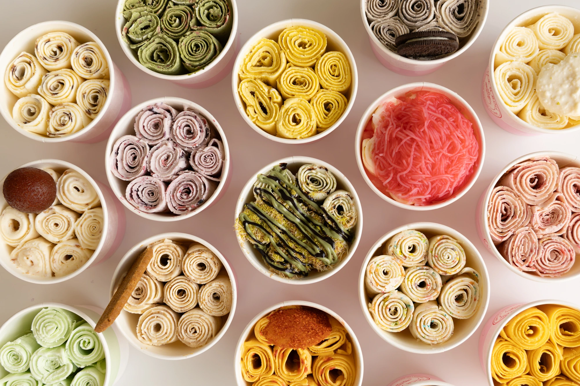 Assortment of hand rolled premium ice cream cups