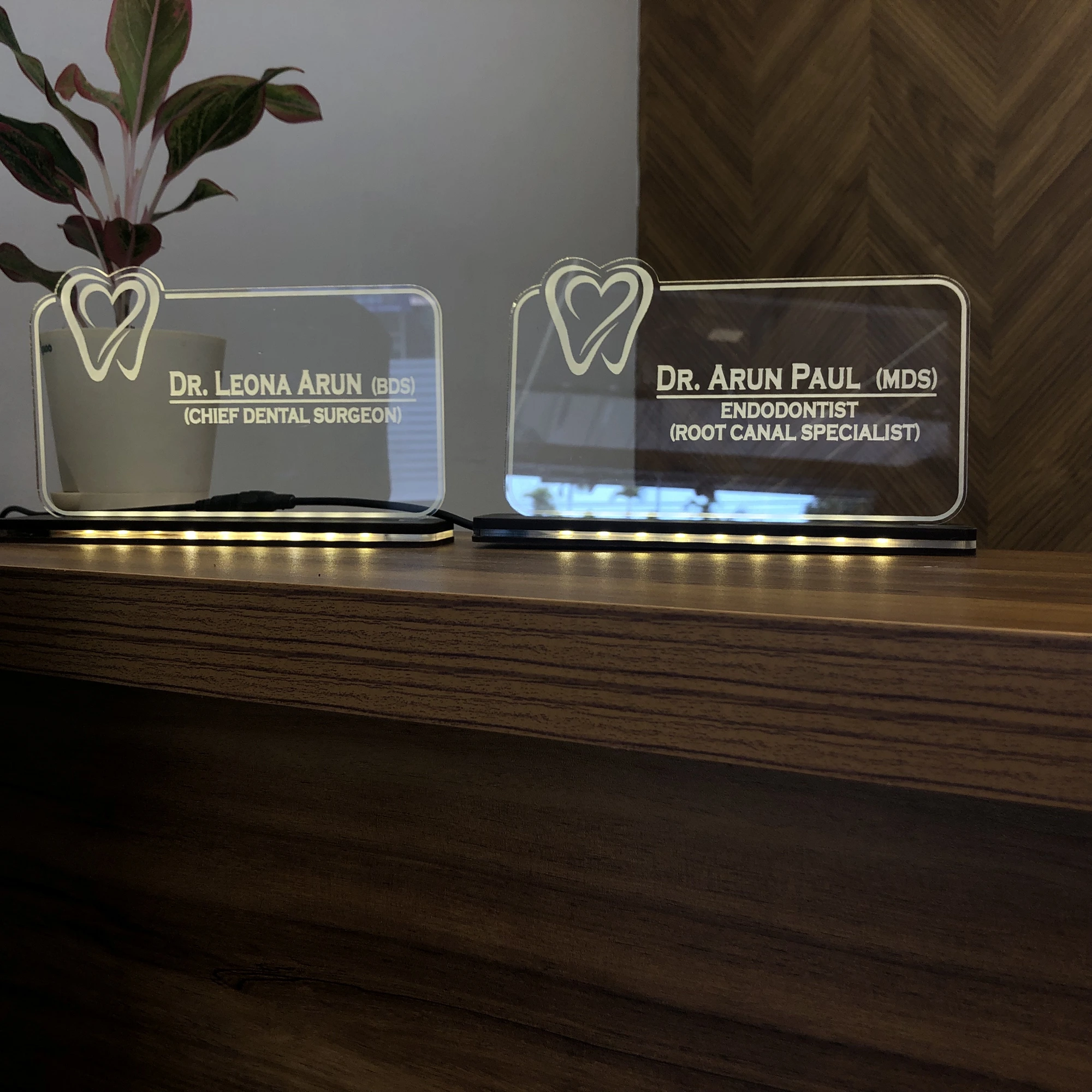 Acrylic LED name plates of Dr. Leona Arun and Dr. Arun Paul