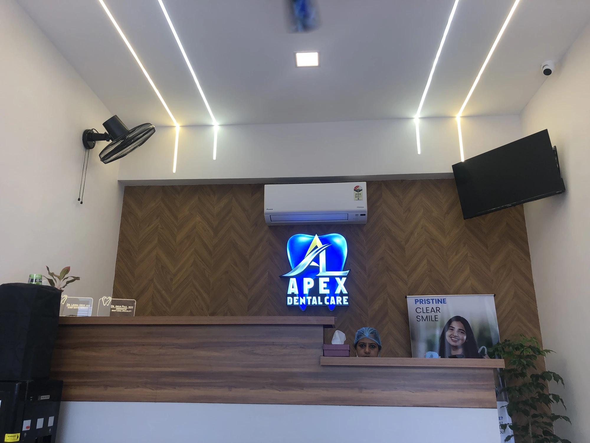 Front desk view with backlit Apex logo