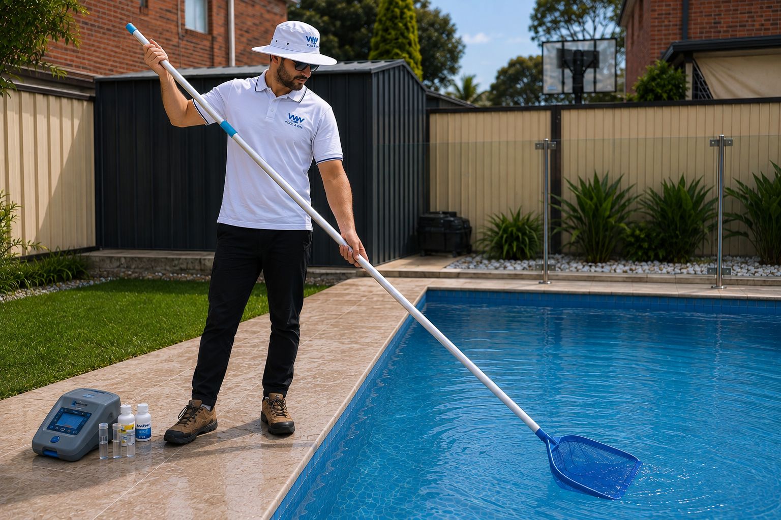 WW Pool & Spa technician performing pool maintenance with professional water testing equipment in a Melbourne backyard