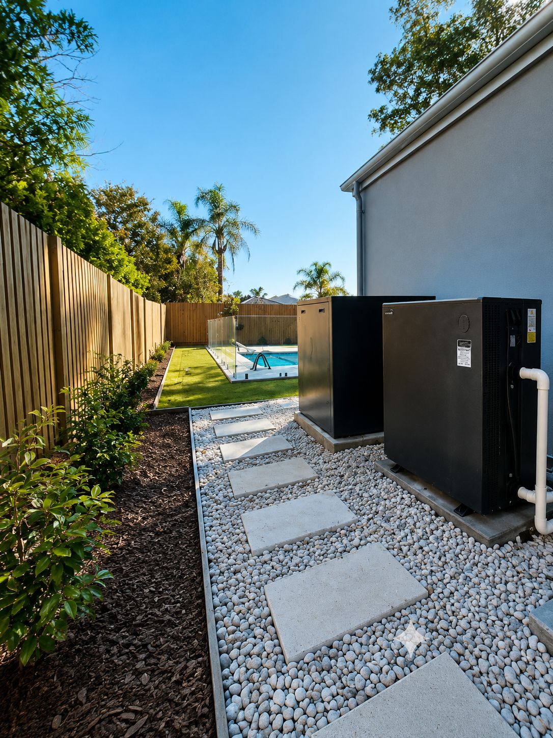 Two residential pool heat pumps installed beside a Melbourne backyard swimming pool, serviced by WW Pool & Spa