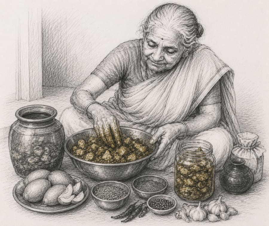 Ammamma preparing traditional Andhra pickle by hand