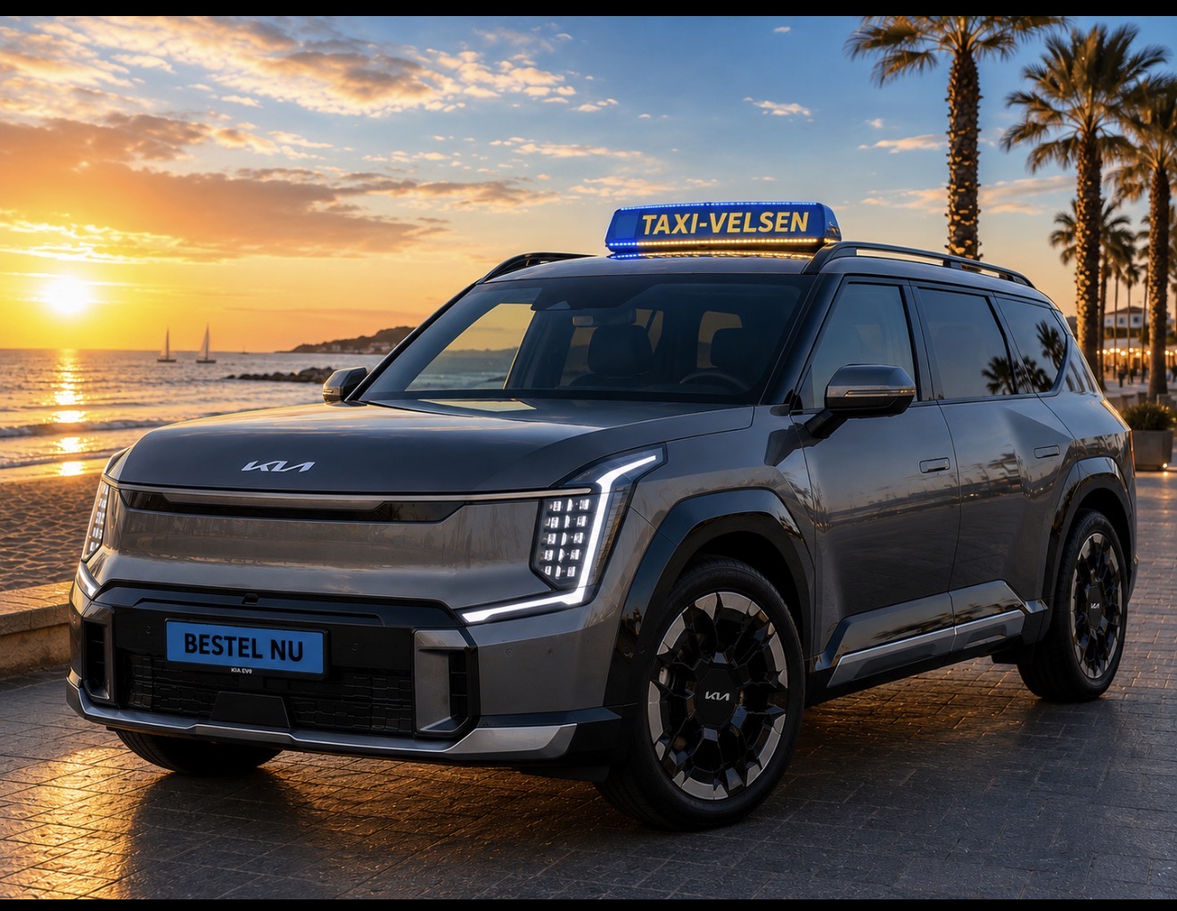 Taxi Velsen Kia EV9 bij zonsondergang op het strand - Luxe elektrische taxi in IJmuiden