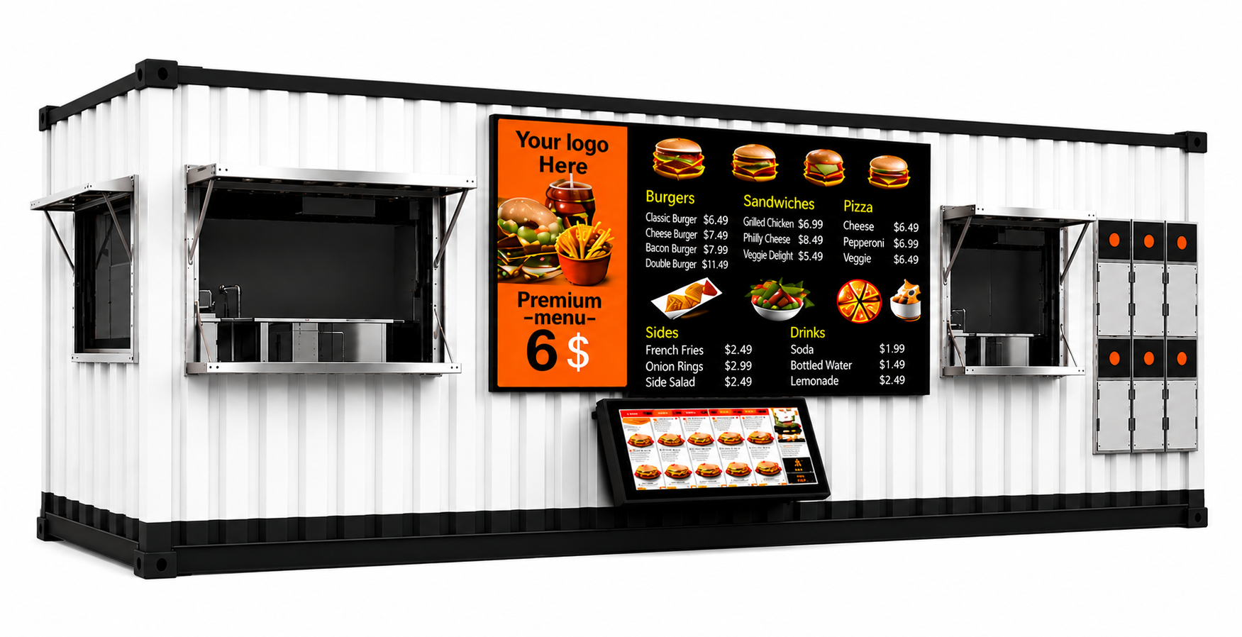 PadSite base unit — white container kitchen with digital menu boards