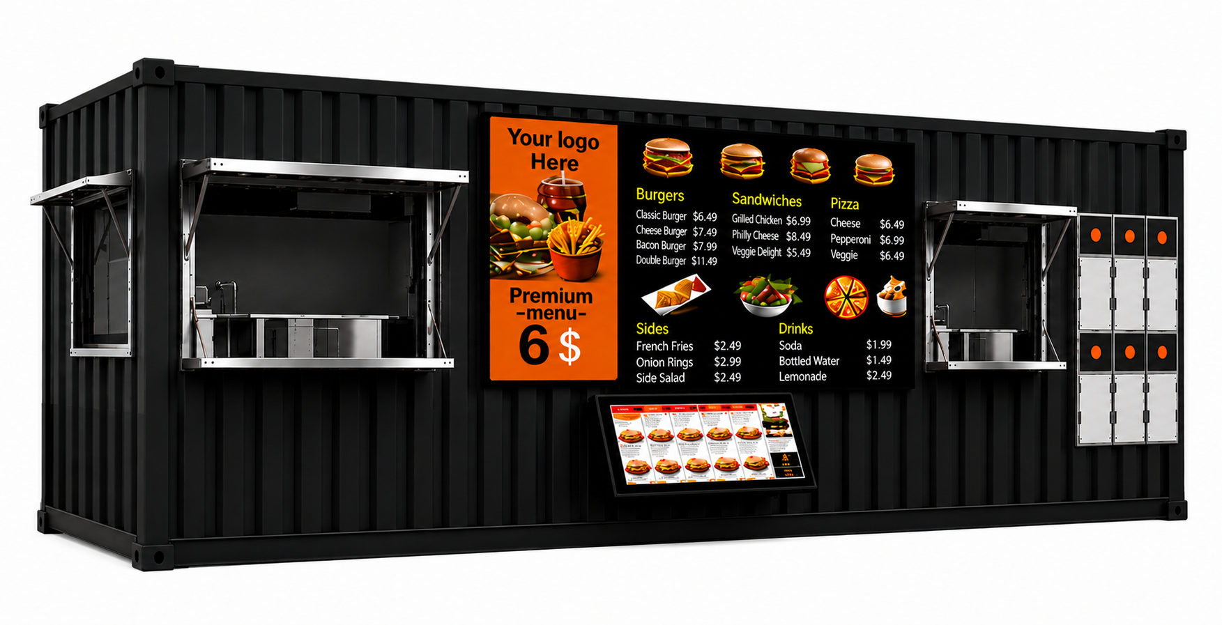 PadSite base unit — all-black container kitchen with digital menu boards