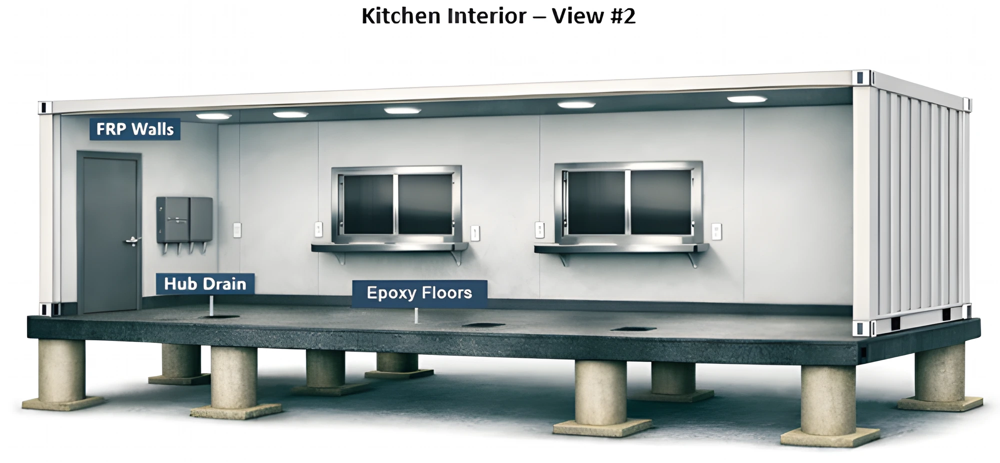 40ft container interior — FRP walls, hub drain, epoxy floors