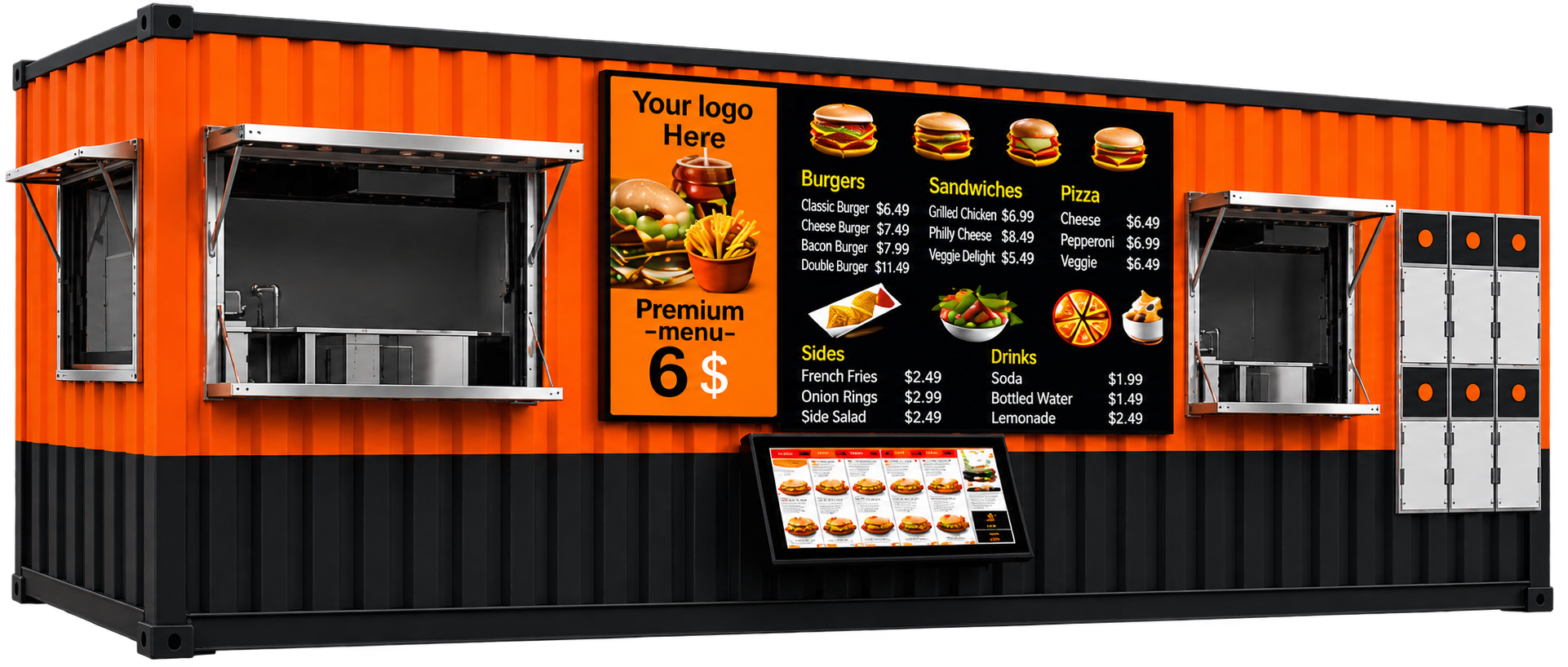 PadSite base unit — orange and black container kitchen with digital menu boards