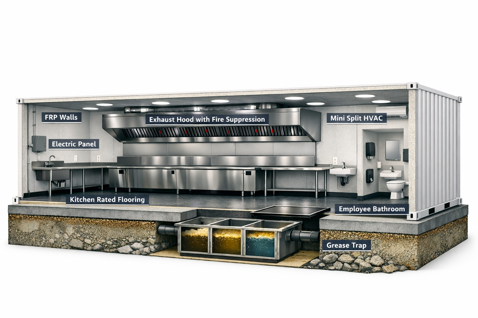 40ft container kitchen cross-section — labeled infrastructure