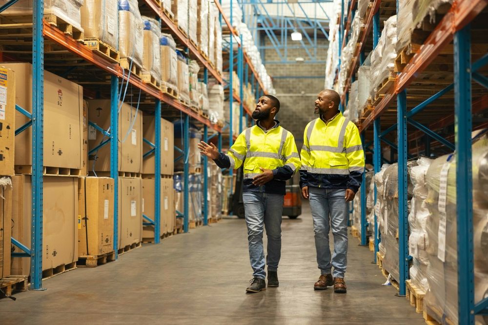 Senior operators walking a manufacturing warehouse