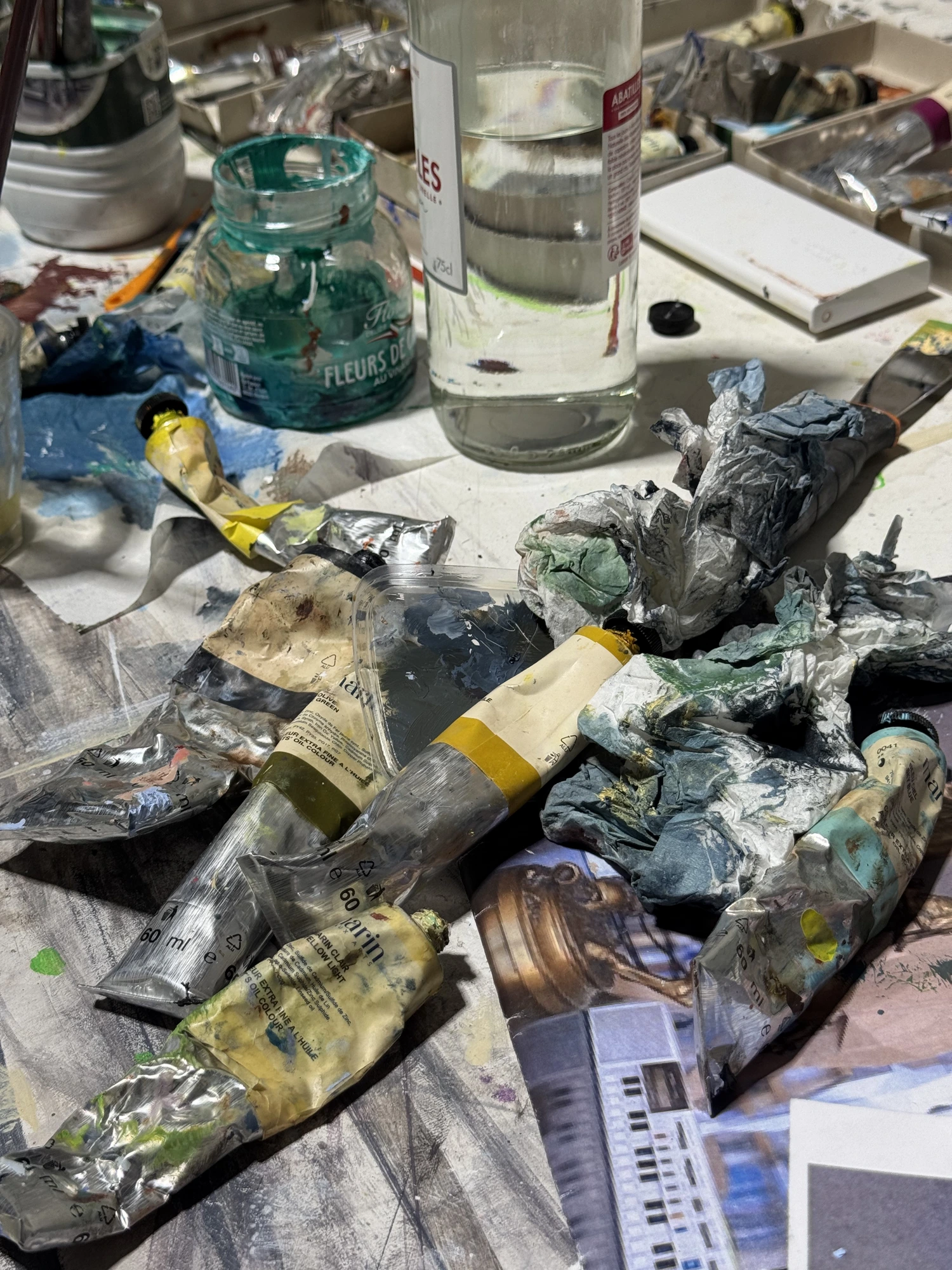 Artist materials and paint in Xavier Veilhan's studio in Paris