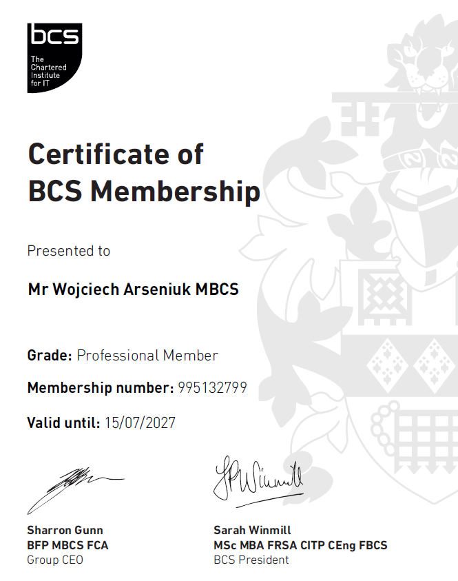 Certificate of BCS Membership — Mr Wojciech Arseniuk MBCS, Professional Member